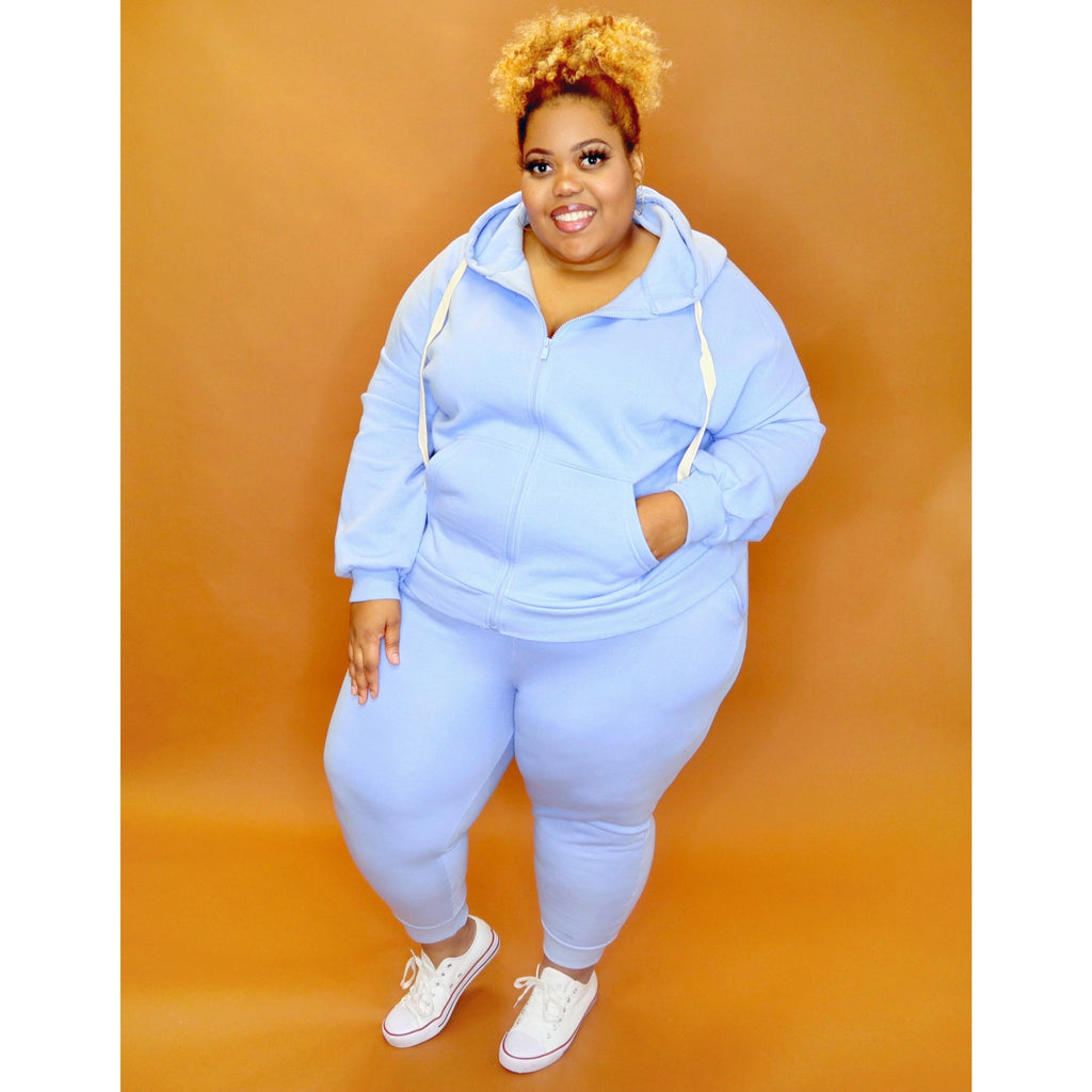 Sky Blue Zipper Hoodie Set CURVY - Mad Swanky Kouture